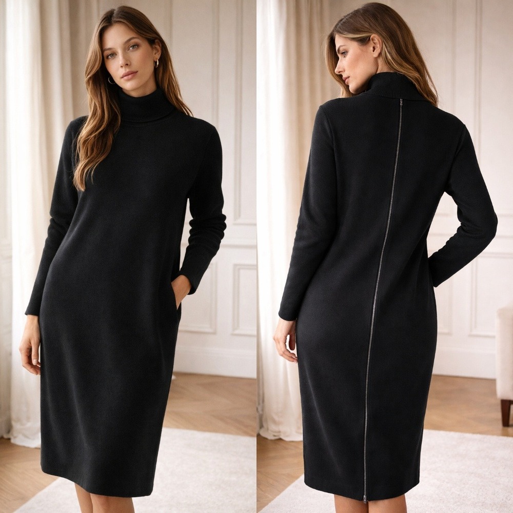 COS Black Mockneck Jersey Knit Midi Dress Full Back Zip Womens Large Stretch
